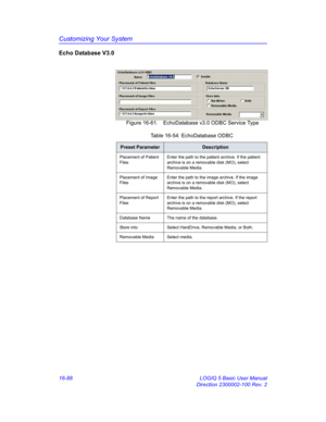 Page 748Customizing Your System
16-88 LOGIQ 5 Basic User Manual
Direction 2300002-100 Rev. 2
Echo Database V3.0
 Figure 16-61. EchoDatabase v3.0 ODBC Service Type
Table 16-54: EchoDatabase ODBC
Preset ParameterDescription
Placement of Patient 
FilesEnter the path to the patient archive. If the patient 
archive is on a removable disk (MO), select 
Removable Media.
Placement of Image 
FilesEnter the path to the image archive. If the image 
archive is on a removable disk (MO), select 
Removable Media.
Placement of...