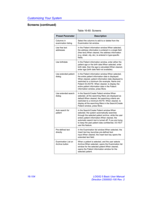 Page 764Customizing Your System
16-104 LOGIQ 5 Basic User Manual
Direction 2300002-100 Rev. 2
Screens (continued)
Table 16-60: Screens
Preset ParameterDescription
Columns in 
examination listingSelect the columns to add to or delete from the 
Examination list window.
Use free text 
addressesIn the Patient information window:When selected, 
the address information is entered in a single field 
(free text).When cleared, the address information 
(e.g. street, city, etc.) is entered in type-specific 
fields.
Use...