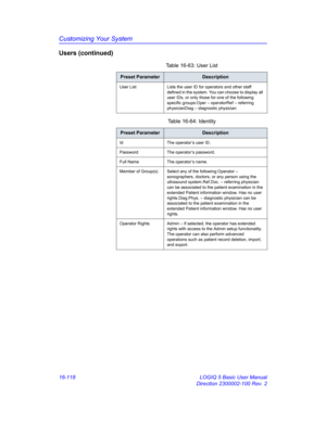 Page 778Customizing Your System
16-118 LOGIQ 5 Basic User Manual
Direction 2300002-100 Rev. 2
Users (continued)
Table 16-63: User List 
Preset ParameterDescription
User List Lists the user ID for operators and other staff 
defined in the system. You can choose to display all 
user IDs, or only those for one of the following 
specific groups:Oper – operatorRef – referring 
physicianDiag – diagnostic physician
Table 16-64: Identity 
Preset ParameterDescription
Id The operator’s user ID.
Password The operator’s...