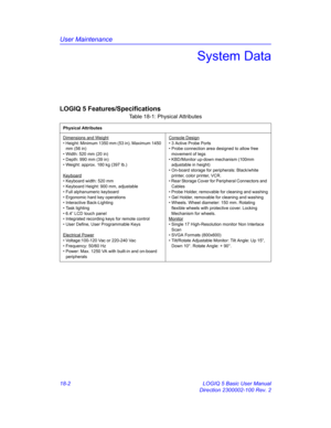 Page 828User Maintenance
18-2 LOGIQ 5 Basic User Manual
Direction 2300002-100 Rev. 2
System Data
LOGIQ 5 Features/Specifications
Table 18-1: Physical Attributes
Physical Attributes
Dimensions and Weight
• Height: Minimum 1350 mm (53 in). Maximum 1450 
mm (56 in)
• Width: 520 mm (20 in)
• Depth: 990 mm (39 in)
• Weight: approx. 180 kg (397 lb.)
Keyboard
• Keyboard width: 520 mm
• Keyboard Height: 900 mm, adjustable
• Full alphanumeric keyboard
• Ergonomic hard key operations
• Interactive Back-Lighting
• Task...