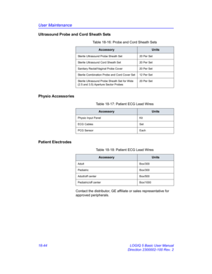 Page 870User Maintenance
18-44 LOGIQ 5 Basic User Manual
Direction 2300002-100 Rev. 2
Ultrasound Probe and Cord Sheath Sets
Physio Accessories
Patient Electrodes
Contact the distributor, GE affiliate or sales representative for 
approved peripherals.Table 18-16: Probe and Cord Sheath Sets
AccessoryUnits
Sterile Ultrasound Probe Sheath Set 20 Per Set
Sterile Ultrasound Cord Sheath Set 20 Per Set
Sanitary Rectal/Vaginal Probe Cover 20 Per Set
Sterile Combination Probe and Cord Cover Set 12 Per Set
Sterile...