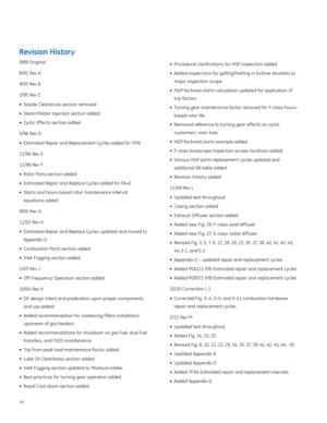 Page 5248
Revision History
9/89 Original
8/91 Rev A
9/93 Rev B
3/95 Rev C
•	Nozzle Clearances section removed
•	 Steam/Water Injection section added
•	 Cyclic Effects section added
5/96 Rev D
•	 Estimated Repair and Replacement Cycles added for F/FA
11/96 Rev E
11/98 Rev F
•	 Rotor Parts section added
•	 Estimated Repair and Replace Cycles added for FA+E
•	 Starts and hours-based rotor maintenance interval
equations added
9/00 Rev G
11/02 Rev H
•	 Estimated Repair and Replace Cycles updated and moved to...