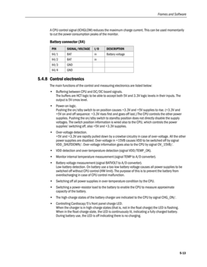 Page 111
Frames and Software 
A CPU control signal (ICHGLOW) reduces the maximum charge current. This can be used momentarily 
to cut the power consumption peaks of the monitor.  
Battery connector (X4) 
PIN  SIGNAL/VOLTAGE I/O DESCRIPTION 
X4/1 BAT in Battery voltage 
X4/2 BAT in  
X4/3 GND   
X4/4 GND   
5.4.8 Control electronics 
The main functions of the control and measuring electronics are listed below: 
• Buffering between CPU and DC/DC board signals. 
The buffers are HCT logic to be able to accept both...