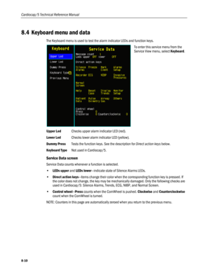 Page 196
Cardiocap/5 Technical Reference Manual 
8.4 Keyboard menu and data 
The Keyboard menu is used to test the alarm indicator LEDs and function keys. 
 
To enter this service menu from the 
Service View menu, select Keyboard. 
Upper Led  Checks upper alarm indicator LED (red). 
Lower Led Checks lower alarm indicator LED (yellow). 
Dummy Press Tests the function keys. See the description for Direct action keys below. 
Keyboard Type Not used in Cardiocap/5. 
Service Data screen 
Service Data counts whenever a...