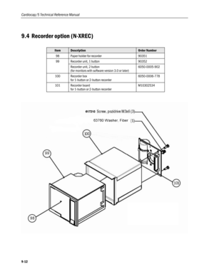 Page 236
Cardiocap/5 Technical Reference Manual 
9.4 Recorder option (N-XREC) 
 
Item Description Order Number 
98 Paper holder for recorder 90351 
99 Recorder unit, 1 button 90352 
 Recorder unit, 2 button  
(for monitors with software version 3.0 or later) 
6050-0005-902 
100 Recorder box  
for 1-button or 2-button recorder 
6050-0006-778 
101 Recorder board  
for 1-button or 2-button recorder 
M10302534 
 
 
 
9-12  