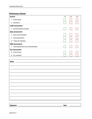Page 62
Functional Check Form 
Performance Checks 
General OK N.A. Fail 
1. Screen setup    
2. Waveforms    
InvBP measurement    
3. Test with patient simulator    
SpO2 measurement    
4. SpO2 sensor detection    
5. Test measurement     
6. “Probe off” detection    
NIBP measurement    
7. Test measurement and cuff identification    
Gas measurement    
8. D-fend check    
9. CO2 waveform    
 
Notes  
 
 
 
 
 
 
 
 
 
 
 
 
Signature  Date  
 
Appendix A 4    