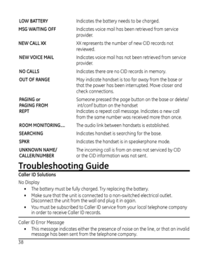 Page 388
LOW BATTERY  Indicates the battery needs to be charged. 
MSG WAITING OFF  Indicates v
 oice mail has been retrieved from service    
  provider.
NEW CALL XX  XX represents the number of new CID records not    
  reviewed.
NEW VOICE MAIL  Indicates v
 oice mail has not been retrieved from service 
provider.
NO CALLS  Indicates ther
 e are no CID records in memory.
OUT OF RANGE   May indicate handset is too far away from the base or 
that the power has been interrupted. Move closer and 
check...
