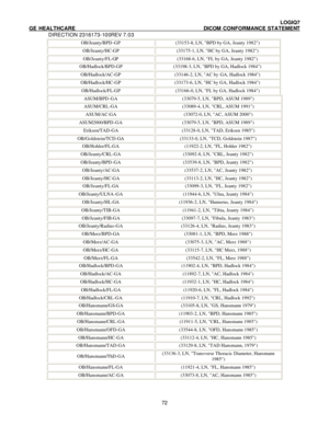 Page 83 LOGIQ7 
GE HEALTHCARE DICOM CONFORMANCE STATEMENT 
DIRECTION 2316173-100REV 7.03 
 72OB/Jeanty/BPD-GP (33153-8, LN, BPD by GA, Jeanty 1982)  OB/Jeanty/HC-GP (33175-1, LN, HC by GA, Jeanty 1982)  OB/Jeanty/FL-GP (33168-6, LN, FL by GA, Jeanty 1982)  OB/Hadlock/BPD-GP (33198-3, LN, BPD by GA, Hadlock 1984)  OB/Hadlock/AC-GP (33146-2, LN, AC by GA, Hadlock 1984)  OB/Hadlock/HC-GP (33173-6, LN, HC by GA, Hadlock 1984)  OB/Hadlock/FL-GP (33166-0, LN, FL by GA, Hadlock 1984)  ASUM/BPD-GA (33079-5, LN, BPD,...