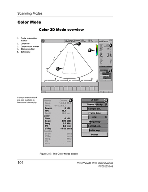 Page 118Scanning Modes
104Vivid7/Vivid7 PRO Users Manual
FC092326-03
Color Mode 
Color 2D Mode over view
 Figure 3-5: The Color Mode screen
1. Probe orientation 
marker
2. Color bar
3. Color sector marker
4. Status window:
5. Soft menu
Controls marked with R 
are also available in 
freeze and cine replay. 