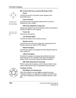 Page 212Contrast Imaging
198Vivid7/Vivid7 PRO Users Manual
FC092326-03
MC Contrast Soft menu controls (2D Angio mode)
Power
Controls the amount of acoustic power applied to the 
transmitted pulse.
Color threshold
Too high a Power 
level will destroy 
the contrast agent.Controls the level of greyscale intensity that is used as a 
threshold for color overlay.
PRF (Pulse Repetition Frequency)
Adjusts the repetition rate of the Doppler pulses transmitted to 
acquire the data for color mapping.
Lower frame rates...