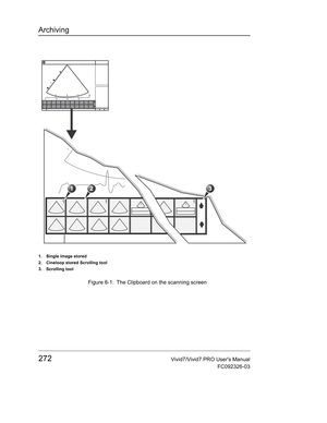 Page 286Archiving
272Vivid7/Vivid7 PRO Users Manual
FC092326-03
 Figure 8-1: The Clipboard on the scanning screen
1. Single image stored
2. Cineloop stored Scrolling tool
3. Scrolling tool 