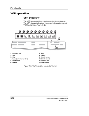 Page 398Peripherals
384Vivid7/Vivid7 PRO Users Manual
FC092326-03
VCR operation
VCR Over view
The VCR is operated from the ultrasound unit control panel. 
The VCR status displayed on the screen indicates the current 
VCR function (see Figure 11-2).
 Figure 11-2: The Video status area on the Title bar
1. Recording (red)
2. Stop
3. Play
4. Pause (red while recording)
5. Fast Forward
6. Rewind7. Eject
8. Search
9. Shuttle Forward
10. Shuttle Rewind
11. Date and time
12. Video counter
12345678910
11
12 