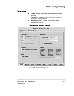 Page 411Presets and System setup
Vivid7/Vivid7 PRO Users Manual397
FC092326-03
Imaging
• Global: enables the user to configure display-related 
settings.
• Application: enables configuration of the probe and 
application specific settings.
• Application menu: enables configuration of the 
Measurement menu.
The Global setup sheet
 Figure 12-3: The Global setup sheet 