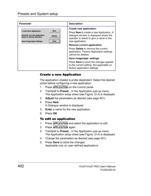Page 416Presets and System setup
402Vivid7/Vivid7 PRO Users Manual
FC092326-03
Create a new Application
The application created is probe dependant. Select the desired 
probe before configuring a new application.
1. Press 
APPLICATION on the Control panel.
2. Trackball to Preset... in the Application pop-up menu.
The Application setup sheet (see Figure 12-4) is displayed.
3.Adjust the parameters as desired (see page 401).
4. Press New.
A Dialogue window is displayed.
5.Enter a name for the new application.
6....