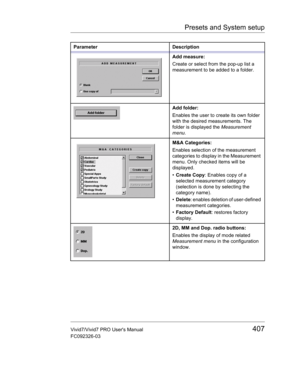 Page 421Presets and System setup
Vivid7/Vivid7 PRO Users Manual407
FC092326-03
Parameter Description
Add measure:
Create or select from the pop-up list a 
measurement to be added to a folder.
Add folder:
Enables the user to create its own folder 
with the desired measurements. The 
folder is displayed the Measurement 
menu.
M&A Categories:
Enables selection of the measurement 
categories to display in the Measurement 
menu. Only checked items will be 
displayed.
• Create Copy: Enables copy of a 
selected...
