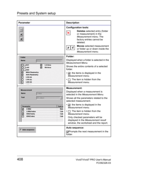 Page 422Presets and System setup
408Vivid7/Vivid7 PRO Users Manual
FC092326-03
Configuration tools:
Deletes selected entry (folder 
or measurement) in the 
Measurement menu. The 
factory entries cannot be 
deleted.
Moves selected measurement 
or folder up or down inside the 
Measurement menu.
Folder:
Displayed when a folder is selected in the 
Measurement Menu.
Shows the entire contents of a selected 
folder.
•  : the items is displayed in the 
Measurement menu.
•  : The item is hidden from the 
Measurement...