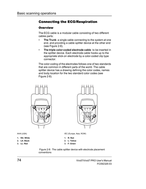 Page 88Basic scanning operations
74Vivid7/Vivid7 PRO Users Manual
FC092326-03
Connecting the ECG/Respiration
Over view
The ECG cable is a modular cable consisting of two different 
cables parts:
• The Trunk: a single cable connecting to the system at one 
end, and providing a cable splitter device at the other end 
(see Figure 2-8). 
• The triple color-coded electrode cable: to be inserted in 
the splitter device. Each electrode cable hooks up to the 
appropriate stick-on electrode by a color-coded clip type...