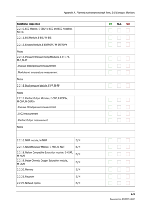 Page 113Appendix A, Planned maintenance check form, S/5 Compact Monitors
A-3
Document no. M1031518-02
2.2.10. EEG Module, E-EEG/ M-EEG and EEG Headbox, 
N-EEG                           
2.2.11. BIS Module, E-BIS/ M-BIS
                           
2.2.12. Entropy Module, E-ENTROPY/ M-ENTROPY
                           
Notes
 
2.2.13. Pressure/Pressure Temp Modules, E-P, E-PT, 
M-P, M-PT                           
. Invasive blood pressure measurement
                           
. Modules w/ temperature...
