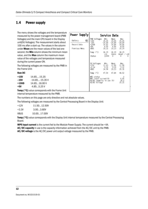 Page 132Datex-Ohmeda S/5 Compact Anesthesia and Compact Critical Care Monitors
12
Document no. M1031519-01                                                                           
1.4 Power supply
The menu shows the voltages and the temperature 
measured by the power management board (PMB 
Voltages) and the main CPU board in the Display 
unit(DU Voltages). The measurement starts about 
100 ms after a start-up. The values in the column 
under Mean are the mean values of the last one 
second, the Min column...
