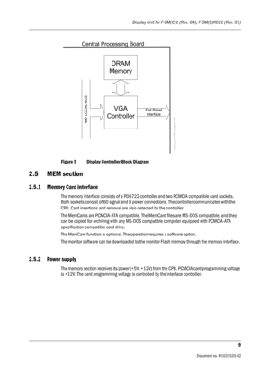 Page 221Display Unit for F-CM(C)1 (Rev. 04), F-CM(C)REC1 (Rev. 01)
9
                                          Document no. M1031520-02
Figure 5 Display Controller Block Diagram
2.5 MEM section
2.5.1 Memory Card interface
The memory interface consists of a PD6722 controller and two PCMCIA compatible card sockets. 
Both sockets consist of 60 signal and 8 power connections. The controller communicates with the 
CPU. Card insertions and removal are also detected by the controller.
The MemCards are PCMCIA-ATA...