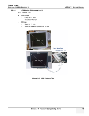 Page 125GE HEALTHCARE
DIRECTION 2286865, REVISION 14LOGIQ™ 7 SERVICE MANUAL
Section 5-2 - Hardware Compatibility Matrix 5-9
5-2-2-1 LCD Monitor Differences (cont’d)
LCD Variation Tips:
• Bezel Shape - Curvy for 17 inch
- Straight for 19 inch
• GE Logo - Silver for 17 inch
- Silver on black background for 19 inch
Figure 5-33   LCD Variation Tips 