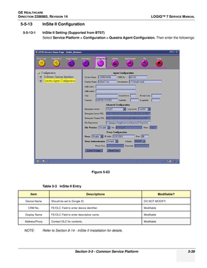 Page 155GE HEALTHCARE
DIRECTION 2286865, REVISION 14LOGIQ™ 7 SERVICE MANUAL
Section 5-5 - Common Service Platform 5-39
5-5-13 InSite II Configuration
5-5-13-1 InSite II Setting (Supported from BT07)
Select Service Platform > Configuration > Questra Agent Configuraion.  Then enter the followings:
NOTE: Refer to Section 8-14 - InSite II Installation for details. Figure 5-63   
Table 5-3   InSite II Entry
ItemDescriptionsModifiable?
Device Name Should be set to Dongle ID. DO NOT MODIFY.
CRM No. FE/OLC Field to...