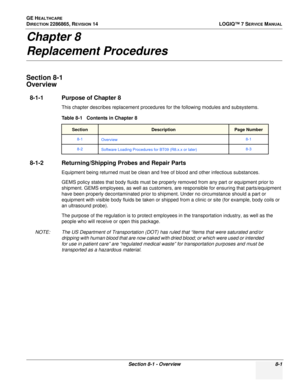 Page 207GE HEALTHCARE
DIRECTION 2286865, REVISION 14LOGIQ™ 7 SERVICE MANUAL
Section 8-1 - Overview 8-1
Chapter 8
Replacement Procedures
Section 8-1
Overview
8-1-1 Purpose of Chapter 8
This chapter describes replacement procedures for the following modules and subsystems.
8-1-2 Returning/Shipping Probes and Repair Parts
Equipment being returned must be clean and free of blood and other infectious substances.
GEMS policy states that body fluids must be properly removed from any part or equipment prior to...