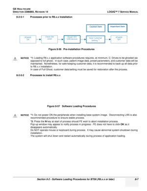 Page 213GE HEALTHCARE
DIRECTION 2286865, REVISION 14LOGIQ™ 7 SERVICE MANUAL
Section 8-2 - Software Loading Procedures for BT09 (R8.x.x or later) 8-7
8-2-5-1 Processes prior to R8.x.x Installation
8-2-5-2 Processes to install R8.x.xFigure 8-56   Pre-installation Procedures
NOTICE*1:
 Loading R8.x.x application software procedures requires, at minimum, C: Drives to be ghosted (as 
opposed to full ghost).  In such case, patient image data, preset parameters, and customer data will be 
maintained.  Nonetheless, for...