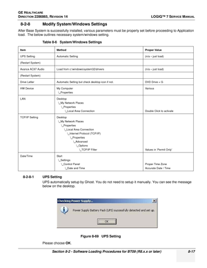 Page 223GE HEALTHCARE
DIRECTION 2286865, REVISION 14LOGIQ™ 7 SERVICE MANUAL
Section 8-2 - Software Loading Procedures for BT09 (R8.x.x or later) 8-17
8-2-8 Modify System/Windows Settings
After Base System is successfully installed, various parameters must be properly set before proceeding to Application 
load.  The below outlines necessary system/windows setting.
8-2-8-1 UPS Setting UPS automatically setup by Ghost. You do not need to setup it manually. You can see the message 
below on the desktop.
Please...