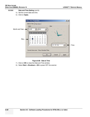 Page 234GE HEALTHCARE
DIRECTION 2286865, REVISION 14LOGIQ™ 7 SERVICE MANUAL
8-28Section 8-2 - Software Loading Procedures for BT09 (R8.x.x or later)
8-2-8-6 Date and Time Setting (cont’d)
5.) Set the current date and time.
6.) Click on  Apply.
7.) Click on  OK to close the Date and Time window.
8.) Select Start > Shutdown > OK  to power OFF the scanner.
Figure 8-86   Date & Time
Month and Year
Day Time 