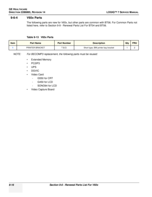 Page 282GE HEALTHCARE
DIRECTION 2286865, REVISION 14LOGIQ™ 7 SERVICE MANUAL
9-16Section 9-6 - Renewal Parts List For V65x
9-6-4 V65x Parts
The following parts are new for V65x, but other parts are common with BT06. For Common Parts not 
listed here, refer to Section 9-9 - Renewal Parts List For BT04 and BT06.
NOTE: For BECOMP3 replacement, the following parts must be reused: • Extended Memory
•PC2IP3
•UPS
•DGVIC
•Video Card- G550 for CRT
- G450 for LCD
- SONO64 for LCD
• Video Capture Board Table 9-13   V65x...