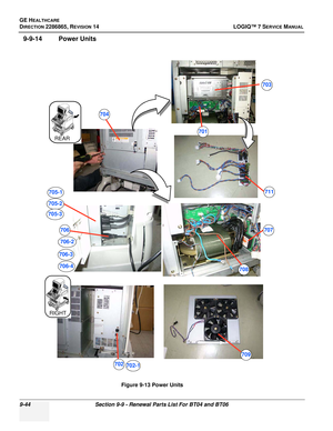 Page 310GE HEALTHCARE
DIRECTION 2286865, REVISION 14LOGIQ™ 7 SERVICE MANUAL
9-44Section 9-9 - Renewal Parts List For BT04 and BT06
9-9-14 Power Units
Figure 9-13 Power Units
RIGHT
REAR
701
702
708
703
704
706
702-1
706-2
706-3
706-4
707
705-1
705-2
705-3
711
709 