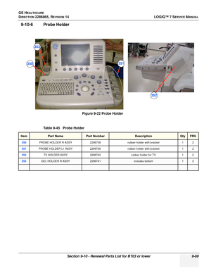 Page 335GE HEALTHCARE
DIRECTION 2286865, REVISION 14LOGIQ™ 7 SERVICE MANUAL
Section 9-10 - Renewal Parts List for BT03 or lower 9-69
9-10-6 Probe Holder
Figure 9-22 Probe Holder
Table 9-45   Probe Holder
ItemPart NamePart NumberDescriptionQtyFRU
350PROBE HOLDER R ASSY 2296738rubber holder with bracket 1 2
351PROBE HOLDER L1 ASSY2296736rubber holder with bracket 1 2
352TV HOLDER ASSY2296740rubber holder for TV 1 2
353GEL HOLDER R ASSY2296741includes bottom12
350351
352
353 