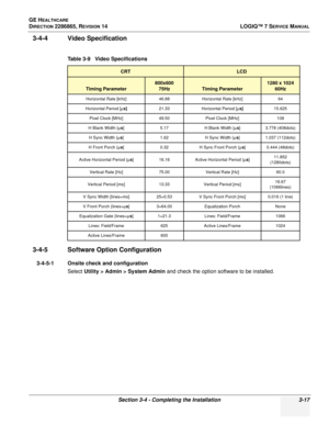 Page 75GE HEALTHCARE
DIRECTION 2286865, REVISION 14LOGIQ™ 7 SERVICE MANUAL
Section 3-4 - Completing the Installation 3-17
3-4-4 Video Specification
3-4-5 Software Option Configuration
3-4-5-1 Onsite check and configuration
Select Utility > Admin > System Admin  and check the option software to be installed.
Table 3-9   Video Specifications
CRTLCD
Timing Parameter
800x600
75Hz
Timing Parameter
1280 x 1024 60Hz
Horizontal Rate [kHz] 46.88Horizontal Rate [kHz] 64
Horizontal Period [ µs] 21.33 Horizontal Period...