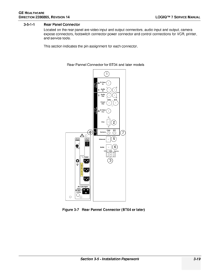 Page 77GE HEALTHCARE
DIRECTION 2286865, REVISION 14LOGIQ™ 7 SERVICE MANUAL
Section 3-5 - Installation Paperwork 3-19
3-5-1-1 Rear Panel Connector
Located on the rear panel are video input and output connectors, audio input and output, camera 
expose connectors, footswitch connector power connector and control connections for VCR, printer, 
and service tools. 
This section indicates the pin assignment for each connector.
Figure 3-7   Rear Pannel Connector (BT04 or later)
Video In
Rec/Expose
VGA
S-Video
Out...