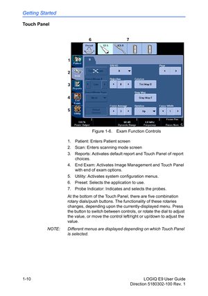 Page 20Getting Started
1-10 LOGIQ E9 User Guide
Direction 5180302-100 Rev. 1
Touch Panel
Figure 1-6. Exam Function Controls
1. Patient: Enters Patient screen
2.  Scan: Enters scanning mode screen
3.  Reports: Activates default report and Touch Panel of report 
choices.
4.  End Exam: Activates Image Management and Touch Panel 
with end of exam options.
5.  Utility: Activates system configuration menus.
6.  Preset: Selects the application to use.
7.  Probe Indicator: Indicates and selects the probes.
At the...