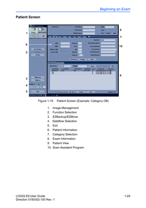 Page 39Beginning an Exam
LOGIQ E9 User Guide 1-29
Direction 5180302-100 Rev. 1
Patient Screen
 Figure 1-15. Patient Screen (Example: Category OB)
1. Image Management
2. Function Selection
3. EZBackup/EZMove
4. Dataflow Selection
5. Exit
6. Patient Information
7. Category Selection
8. Exam Information
9. Patient View
10. Scan Assistant Program 