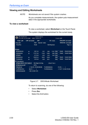 Page 74Performing an Exam
2-30 LOGIQ E9 User Guide
Direction 5180302-100 Rev. 1
Viewing and Editing Worksheets
NOTE:  Worksheets are not saved if the system crashes.
As you complete measurements, the system puts measurement 
data in the appropriate worksheets. 
To view a worksheet
To view a worksheet, select Worksheet on the Touch Panel.
The system displays the worksheet for the current study. 
 Figure 2-7. OB B-Mode Worksheet
To return to scanning, do one of the following:
• Select Worksheet. 
• Press Esc.
•...