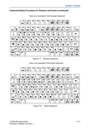 Page 95System Presets
LOGIQ E9 User Guide 3-17
Direction 5180302-100 Rev. 1
Keyboard Setup Procedure for Russian and Greek (continued)
Here is an example of the Russian keyboard: 
 Figure 3-7. Russian Keyboard
Here is an example of the Greek keyboard: 
 Figure 3-8. Greek Keyboard 