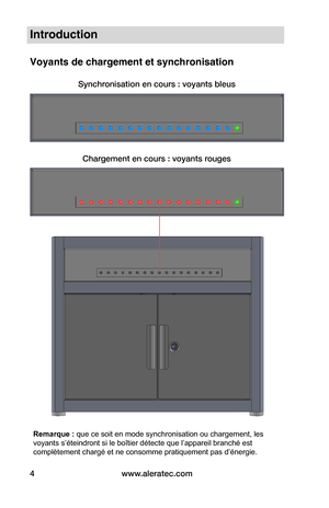 Page 38www.aleratec.com4
Introduction
Voyants de chargement et synchronisation
Chargement en cours : voyants rouges
Synchronisation en cours : voyants bleus
Remarque : que ce soit en mode synchronisation ou chargement, les 
voyants s’éteindront si le boîtier détecte que l’appareil branché est  
complètement chargé et ne consomme pratiquement pas d’énergie.  