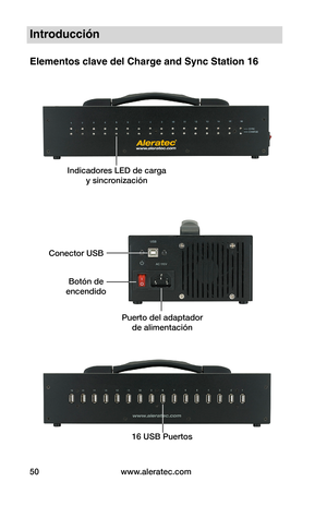 Page 56www.aleratec.com50
Introducción
Elementos clave del Charge and Sync Station 16
Indicadores LED de carga 
y sincronización
16 USB Puertos
Puerto del adaptador 
de alimentación
Botón de  
encendido
Conector USB  