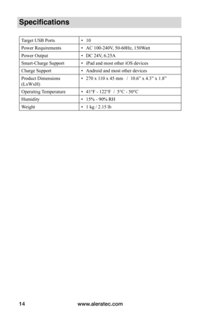 Page 18www.aleratec.com14
Specifications
Target USB Ports• 10
Power Requirements• AC 100-240V, 50-60Hz, 150Watt
Power Output• DC 24V, 6.25A
Smart-Charge Support• iPad and most other iOS devices
Charge Support• Android and most other devices
Product Dimensions 
(LxWxH)
• 270 x 110 x 45 mm   /  10.6” x 4.3” x 1.8”
Operating Temperature• 41°F - 122°F  /  5°C - 50°C
Humidity• 15% - 90% RH
Weight• 1 kg / 2.15 lb  