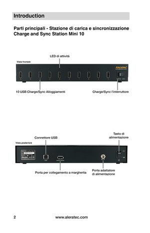 Page 75www.aleratec.com2
Introduction
Parti principali - Stazione di carica e sincronizzazione 
Charge and Sync Station Mini 10
Vista frontale
Vista posteriore
LED di attività
10 USB Charge/Sync AlloggiamentiCharge/Sync l’interruttore
Porta adattatore  di alimentazionePorta per collegamento a margherita
Connettore USB
Tasto dialimentazione  