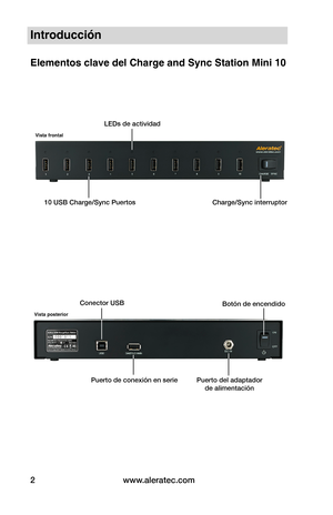 Page 98www.aleratec.com2
Introducción
Elementos clave del Charge and Sync Station Mini 10
Vista frontal
Vista posterior
LEDs de actividad
10 USB Charge/Sync PuertosCharge/Sync interruptor
Puerto del adaptador de alimentaciónPuerto de conexión en serie
Conector USBBotón de encendido  