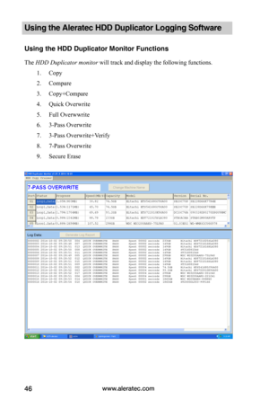 Page 52www.aleratec.com46
Using the Aleratec HDD Duplicator Logging Software 
Using the HDD Duplicator Monitor Functions
The HDD Duplicator monitor will track and display the following functions.
 1. Copy
 2. Compare
 3. Copy+Compare
 4. Quick Overwrite
 5. Full Overwwrite
 6. 3-Pass Overwrite
 7. 3-Pass Overwrite+Verify
 8. 7-Pass Overwrite
 9. Secure Erase
   