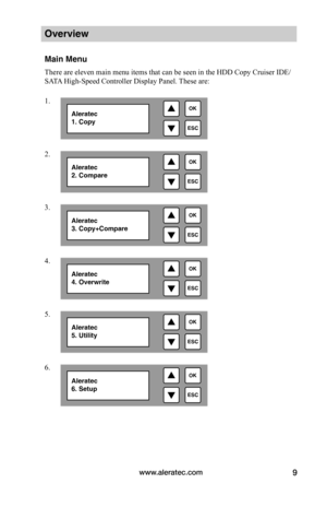 Page 15www.aleratec.com9
Overview
Main Menu
There are eleven main menu items that can be seen in the HDD Copy Cruiser IDE/
SATA High-Speed Controller Display Panel. These are:
   

ESC
OKAleratec 1. Copy

ESC
OKAleratec 2. Compare

ESC
OKAleratec 3. Copy+Compare

ESC
OKAleratec 4. Overwrite

ESC
OKAleratec 5. Utility

ESC
OKAleratec 6. Setup
1.
2.
3.
4.
5.
6.  