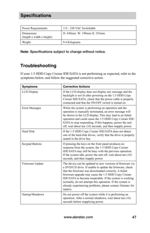 Page 53www.aleratec.com47
Specifications
Power Requirements115 - 230 VAC Switchable
Dimensions(length x width x height)D: 430mm  W: 190mm H: 355mm   
Weight9.4 Kilograms
Note: Specifications subject to change without notice. 
Troubleshooting
If your 1:5 HDD Copy Cruiser IDE/SATA is not performing as expected, refer to the 
symptoms below, and follow the suggested corrective action. 
SymptomsCorrective Actions
LCD DisplayIf the LCD display does not display any message and the backlight is not lit after powering...