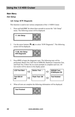 Page 48www.aleratec.com42
Using the 1:5 HDD Cruiser 
Main Menu
Adv Setup
Adv	Setup:	H/W	Diagnostic
This function is used to test various components of the 1:5 HDD Cruiser. 
1. Press and hold ESC for about three seconds to access the “Adv Setup” 
menu. The following screen will be displayed. 
2. Use the arrow buttons (or) to select “H/W Diagnostic”. The following 
screen will be displayed. 
3. Press ENT to begin the diagnostic tests. The following tests will be 
performed: Button Test, Self-Test of SDRAM,...