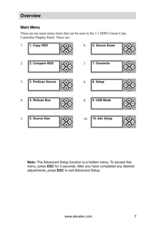Page 13www.aleratec.com7
Overview
Main Men\f
There are ten main menu items that can be seen in the 1:1 HDD Cruiser Copy 
Controller Display Panel. These are:
1.
2.
3.
4.
5.Note: The Adva\fced Setup fu\fc\Ptio\f is a hidde\f me\P\fu. To access this 
me\fu, press ESC for 3 seco\fds. After you have com\Ppleted a\fy desired \P
adjustme\fts, press \PESC to exit Adva\fced Setup.
ENT


1. Copy HDDESC
ENTESC


2. Compare HDD
ENTESC


3. \breScan So\frce
ENTESC


4. ReScan B\fs
ENTESC


5. So\frce Size
ENT
...