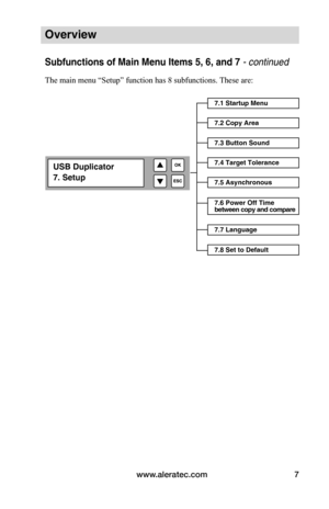 Page 13www.aleratec.com7
Overview
Subfunctions of Main Menu Items 5, 6, and 7 - continued 
The main menu “Setup” function has 8 subfunctions. These are:
7.1 Startup Menu
7.2 Copy Area
7.3 Button Sound
7.4 Target Tolerance
7.5 Asynchronous
7.7 Language
7.8 Set to Default
7.6 Power Off Time  
between copy and compare
USB Duplicator
7. Setup  